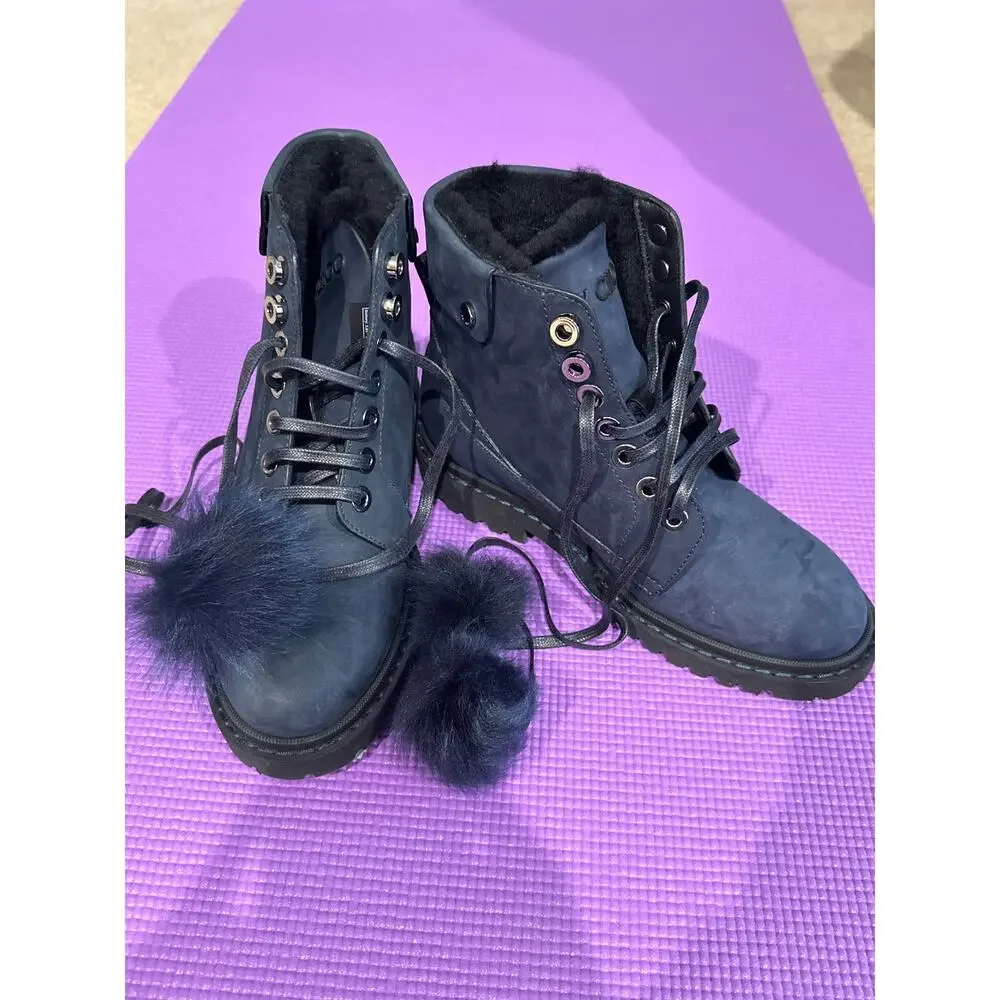 New Jimmy Choo Leather Boots Size 7 Lamb Shearling Fur Pom Pom Made in Italy